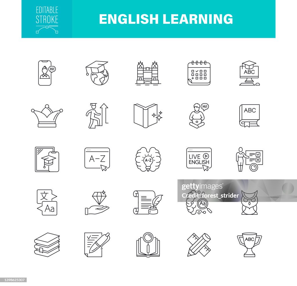 English Learning Icons Editable Stroke. Pixel Perfect. For Mobile and Web. Contains such icons as English Culture, Translation, Language, Education