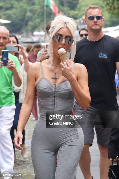 Kim Kardashian seen arriving into Portofino and getting an ice cream on May 22, 2022 in Portofino, Italy.