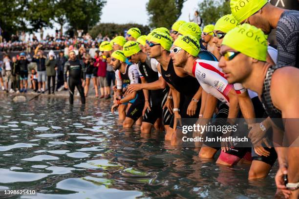 Athletes prepare for the start of the IRONMAN 70.3 Pays d'Aix on May 22, 2022 in Marseille, France.