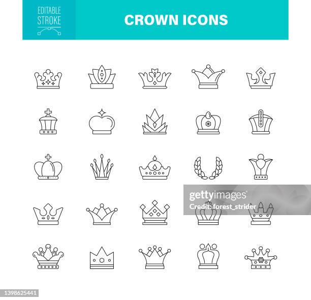 kronensymbole bearbeitbarer strich. enthält solche symbole wie krone - kopfbedeckung, könig - königliche person, auszeichnung - medieval queen crown stock-grafiken, -clipart, -cartoons und -symbole