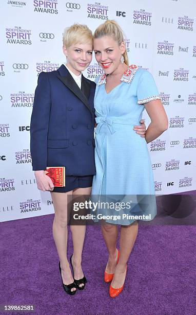 Actresses Michelle Williams and Busy Phillips with Toshiba at the 2012 Film Independent Spirit Awards at Santa Monica Pier on February 25, 2012 in...