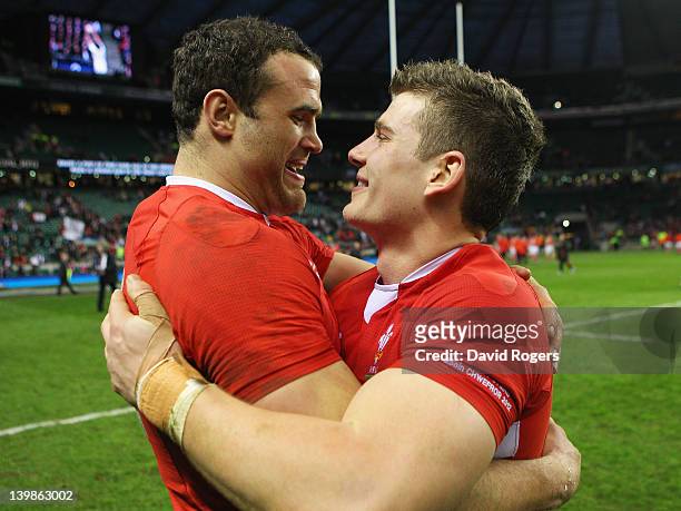 Jamie Roberts of Wales celebrates with Scott Williams after the RBS 6 Nations match between England and Wales at Twickenham Stadium on February 25,...