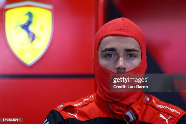 Charles Leclerc of Monaco and Ferrari prepares to drive in the garage prior to the F1 Grand Prix of Spain at Circuit de Barcelona-Catalunya on May...