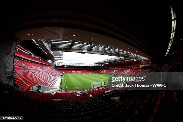 General view inside the stadium ahead of the Premier League match between Liverpool and Wolverhampton Wanderers at Anfield on May 22, 2022 in...