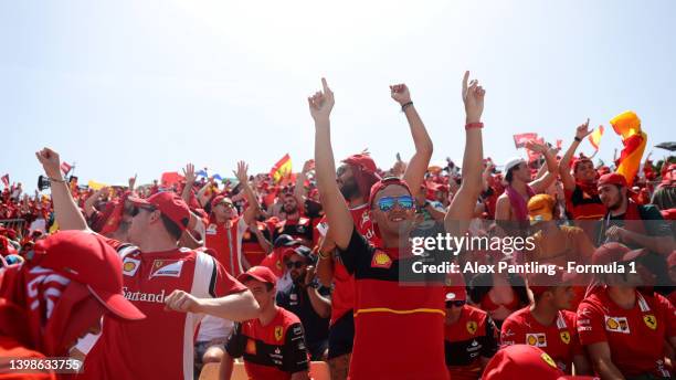 Ferrari fans show their support in the grandstand during the F1 Grand Prix of Spain at Circuit de Barcelona-Catalunya on May 22, 2022 in Barcelona,...