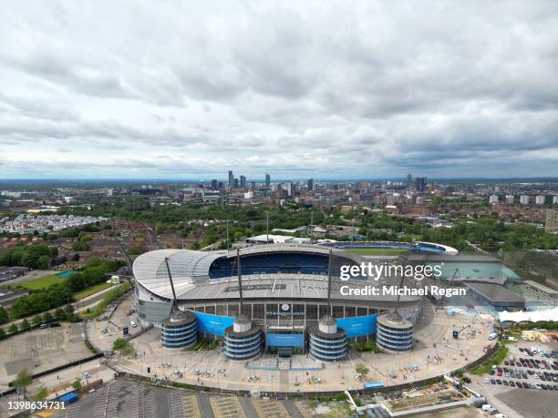 An aerial view of Etihad Stadium prior to the Premier League match between Manchester City and Aston Villa at Etihad Stadium on May 22, 2022 in...