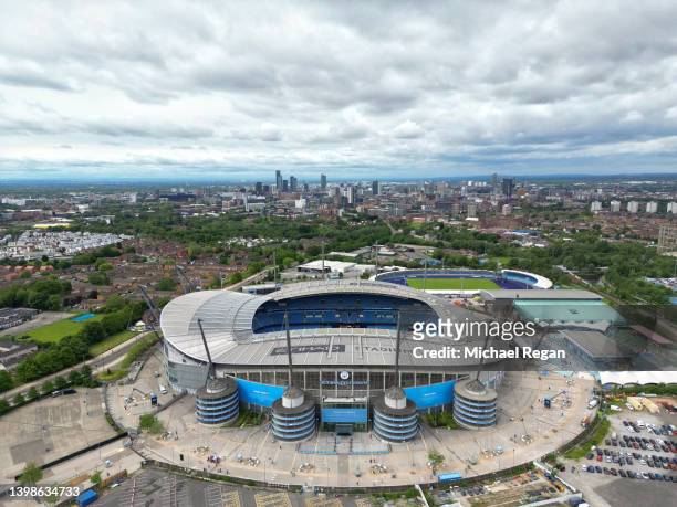 An aerial view of Etihad Stadium prior to the Premier League match between Manchester City and Aston Villa at Etihad Stadium on May 22, 2022 in...