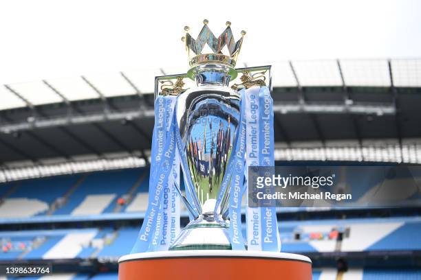Detailed view of the Premier League trophy prior to the Premier League match between Manchester City and Aston Villa at Etihad Stadium on May 22,...