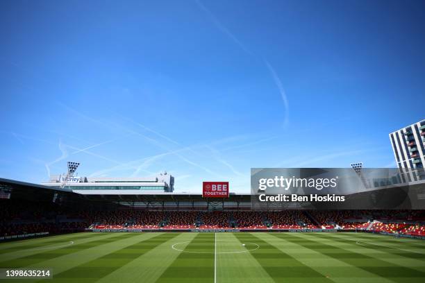 General view inside the stadium prior to the Premier League match between Brentford and Leeds United at Brentford Community Stadium on May 22, 2022...