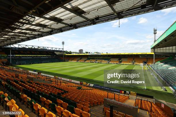 General view inside the stadium prior to the Premier League match between Norwich City and Tottenham Hotspur at Carrow Road on May 22, 2022 in...