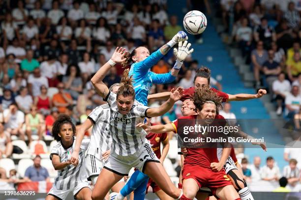 Pauline Peyraud-Magnin of Juventus Women battle for the ball during the Women Coppa Italia Final between Juventus and AS Roma at Stadio Paolo Mazza...