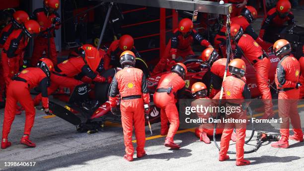 Charles Leclerc of Monaco driving the Ferrari F1-75 makes a pitstop during the F1 Grand Prix of Spain at Circuit de Barcelona-Catalunya on May 22,...