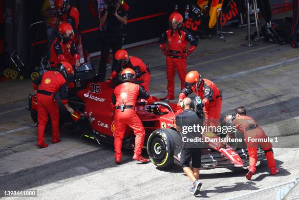 Charles Leclerc of Monaco driving the Ferrari F1-75 retires from the race during the F1 Grand Prix of Spain at Circuit de Barcelona-Catalunya on May...