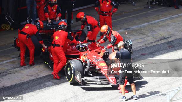 Charles Leclerc of Monaco driving the Ferrari F1-75 retires from the race during the F1 Grand Prix of Spain at Circuit de Barcelona-Catalunya on May...