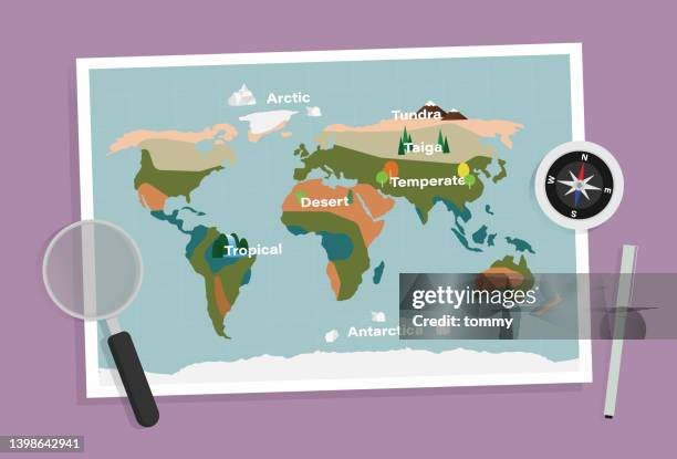 ilustrações de stock, clip art, desenhos animados e ícones de biome map, magnifying glass, compass and pen on a desk - biodiversidade