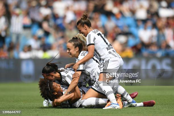 Sara Gama of Juventus Women celebrates with teammates after scoring her team's second goal during the Women Coppa Italia Final between Juventus and...