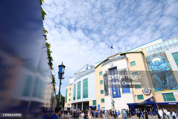 General view outside the stadium prior to the Premier League match between Chelsea and Watford at Stamford Bridge on May 22, 2022 in London, England.