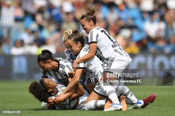 Sara Gama of Juventus Women celebrates after scoring her team's second goal with teammates Agnese Bonfantini, Matilde Lundorf Skovsen, Julia Grosso...