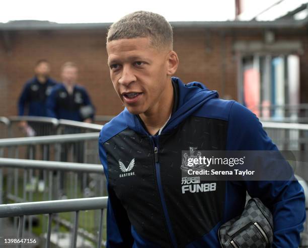 Dwight Gayle of Newcastle United FC arrives for the Premier League match between Burnley and Newcastle United at Turf Moor on May 22, 2022 in...
