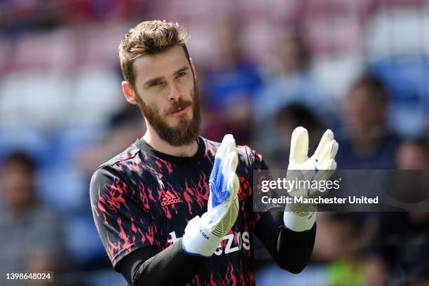 David de Gea of Manchester United warms up ahead of the Premier League match between Crystal Palace and Manchester United at Selhurst Park on May 22,...