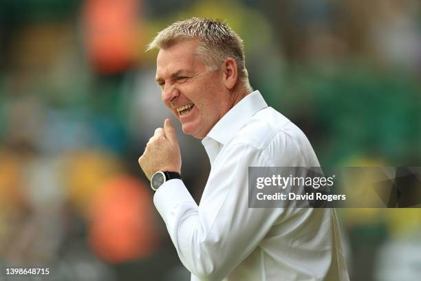 Dean Smith, Manager of Norwich City reacts prior to the Premier League match between Norwich City and Tottenham Hotspur at Carrow Road on May 22,...
