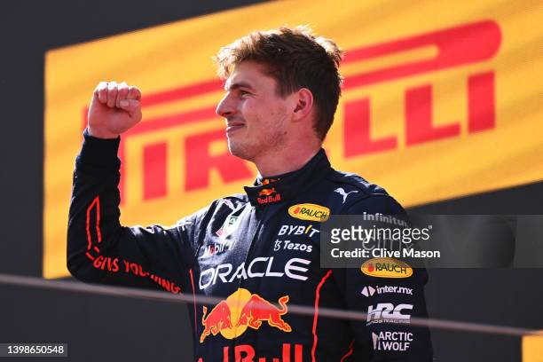 Race winner Max Verstappen of the Netherlands and Oracle Red Bull Racing celebrates on the podium during the F1 Grand Prix of Spain at Circuit de...