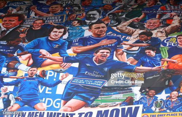 Chelsea mural is displayed by the Chelsea fans inside the stadium prior to the Premier League match between Chelsea and Watford at Stamford Bridge on...