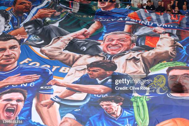 Roman Abramovich, former Chelsea owner is seen on a Chelsea mural displayed by the fans inside the stadium prior to the Premier League match between...