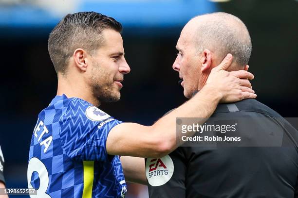 Chelsea skipper Cesar Azpilicueta with Referee Mike Dean, whose officiating his last game, before the Premier League match between Chelsea and...