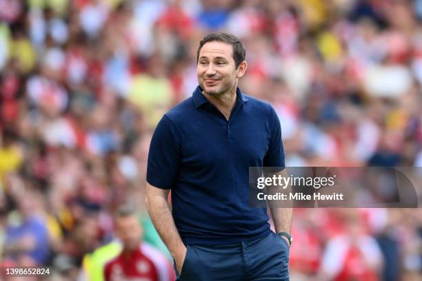 Frank Lampard, Manager of Everton reacts during the Premier League match between Arsenal and Everton at Emirates Stadium on May 22, 2022 in London,...