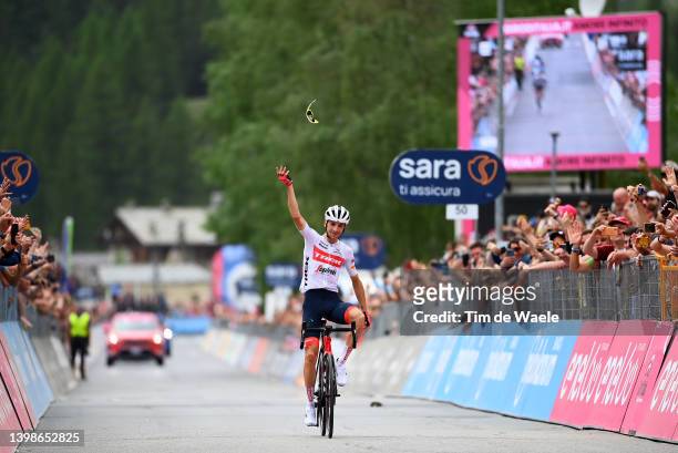 Giulio Ciccone of Italy and Team Trek - Segafredo celebrates at finish line as stage winner during the 105th Giro d'Italia 2022, Stage 15 a 177km...