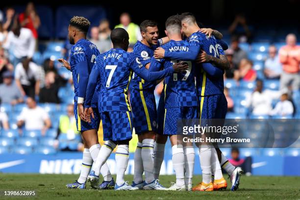 Kai Havertz of Chelsea celebrates with team mates after scoring their sides first goal during the Premier League match between Chelsea and Watford at...