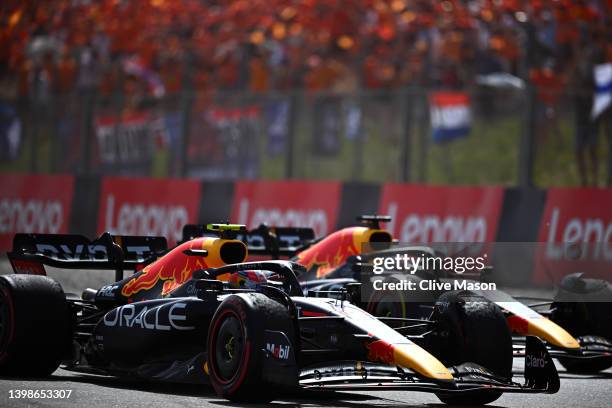Race winner Max Verstappen of the Netherlands driving the Oracle Red Bull Racing RB18 and Second placed Sergio Perez of Mexico driving the Oracle Red...