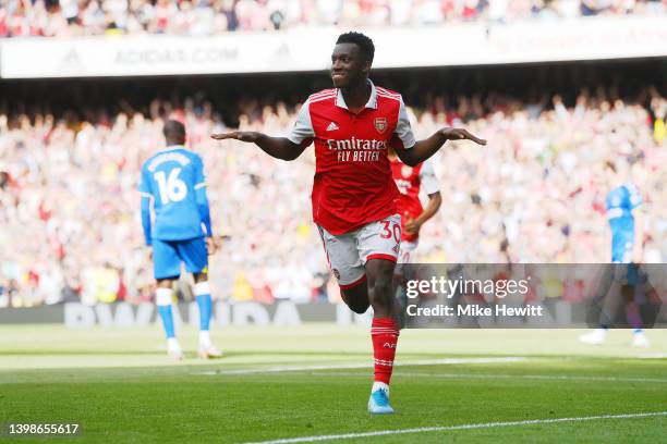 Eddie Nketiah of Arsenal celebrates after scoring their team's second goal during the Premier League match between Arsenal and Everton at Emirates...