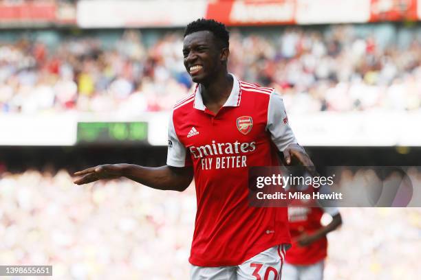 Eddie Nketiah of Arsenal celebrates after scoring their team's second goal during the Premier League match between Arsenal and Everton at Emirates...