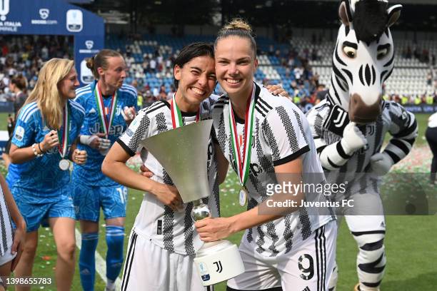 Annahita Zamanian and Andrea Staskova of Juventus Women celebrate the winning of the Italian Cup with the trophy after the Women Coppa Italia Final...