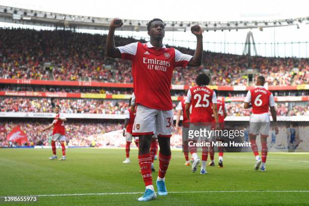 Eddie Nketiah of Arsenal celebrates after scoring their team's second goal during the Premier League match between Arsenal and Everton at Emirates...
