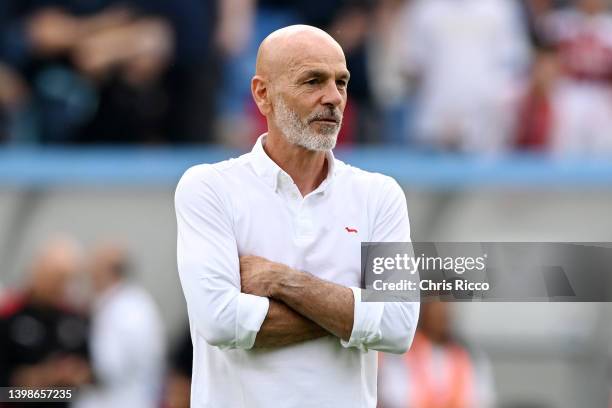 Stefano Pioli, Head Coach of AC Milan looks on in the warm up prior to the Serie A match between US Sassuolo and AC Milan at Mapei Stadium - Citta'...