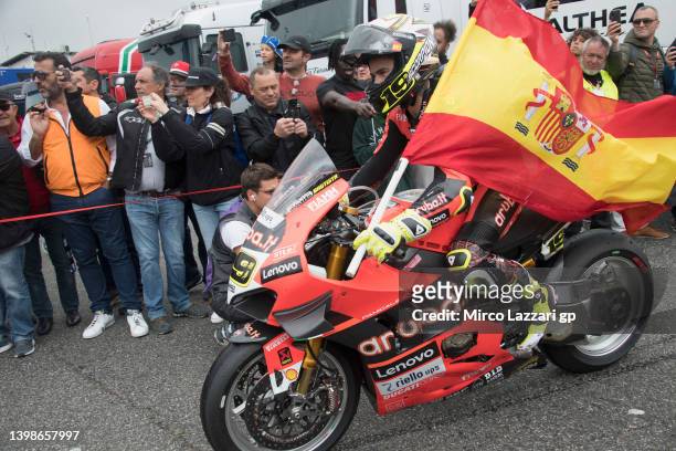 Alvaro Bautista of Spain and Aruba.it Racing - Ducati celebrates the second place during the Superbike race 2 during the FIM Superbike World...