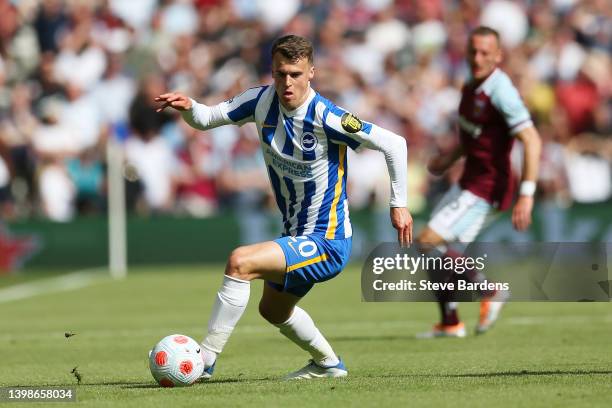 Solly March of Brighton & Hove Albion runs with the ball during the Premier League match between Brighton & Hove Albion and West Ham United at...