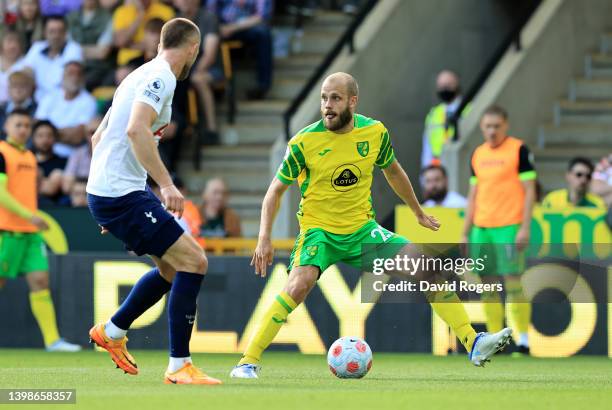 Teemu Pukki of Norwich City controls the ball during the Premier League match between Norwich City and Tottenham Hotspur at Carrow Road on May 22,...