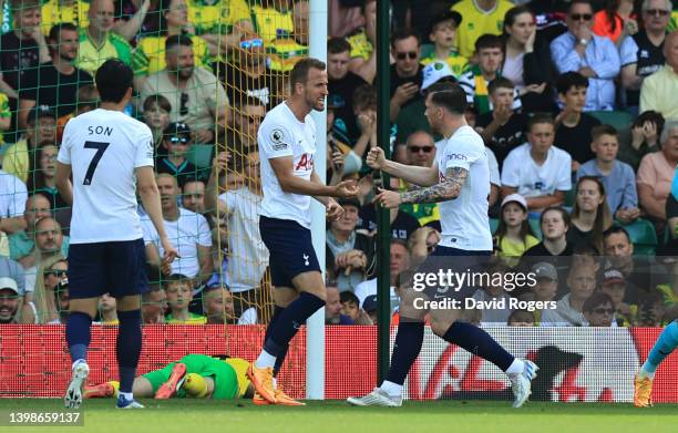 Harry Kane of Tottenham Hotspur celebrates with team mate Pierre-Emile Hojbjerg after scoring their second goalduring the Premier League match...