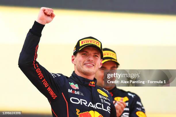 Race winner Max Verstappen of the Netherlands and Oracle Red Bull Racing celebrates on the podium during the F1 Grand Prix of Spain at Circuit de...