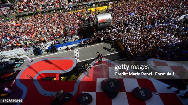 Race winner Max Verstappen of the Netherlands and Oracle Red Bull Racing, Second placed Sergio Perez of Mexico and Oracle Red Bull Racing and Third...