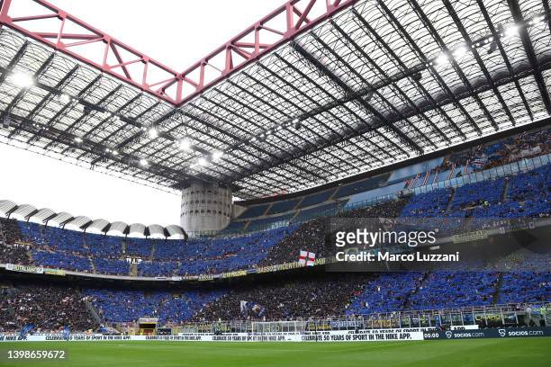 General view inside the stadium prior to the Serie A match between FC Internazionale and UC Sampdoria at Stadio Giuseppe Meazza on May 22, 2022 in...