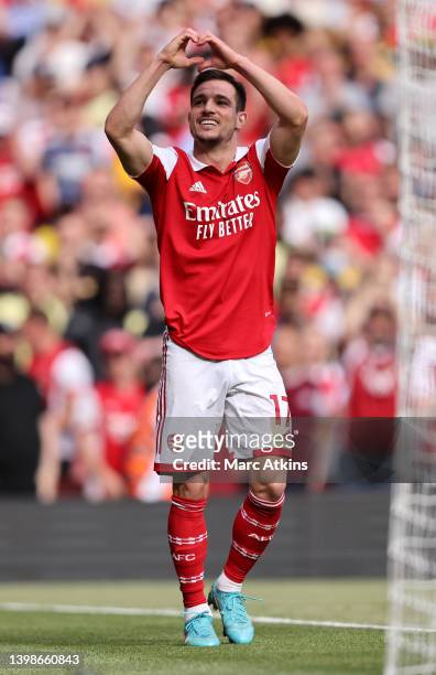 Cedric Soares of Arsenal celebrates after scoring their team's third goal during the Premier League match between Arsenal and Everton at Emirates...