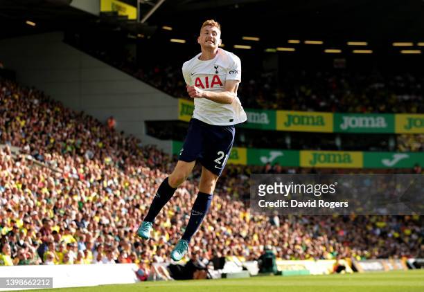 Dejan Kulusevski of Tottenham Hotspur celebrates after scoring their third goal during the Premier League match between Norwich City and Tottenham...