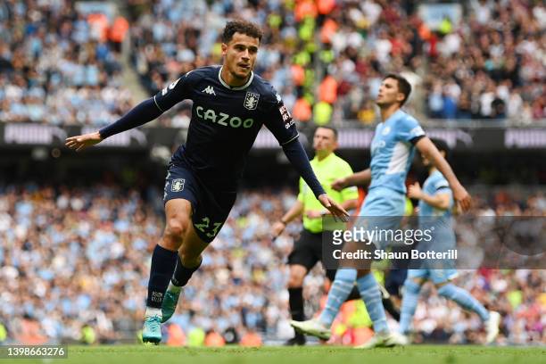 Philippe Coutinho of Aston Villa celebrates after scoring their team's second goal during the Premier League match between Manchester City and Aston...