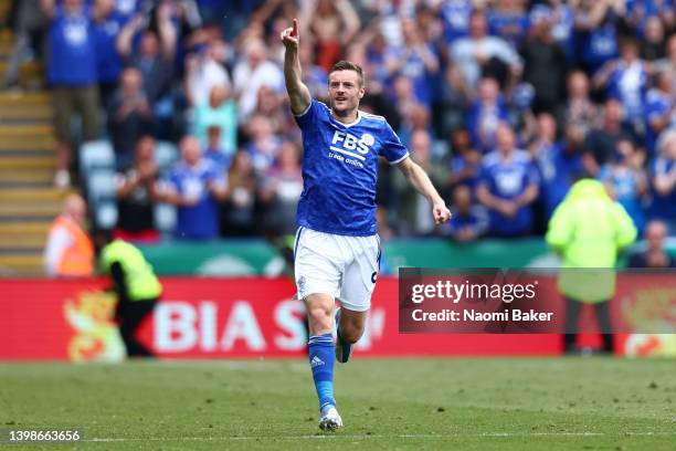 Jamie Vardy of Leicester City celebrates after scoring their team's second goal during the Premier League match between Leicester City and...