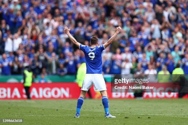 Jamie Vardy of Leicester City celebrates after scoring their team's second goal during the Premier League match between Leicester City and...